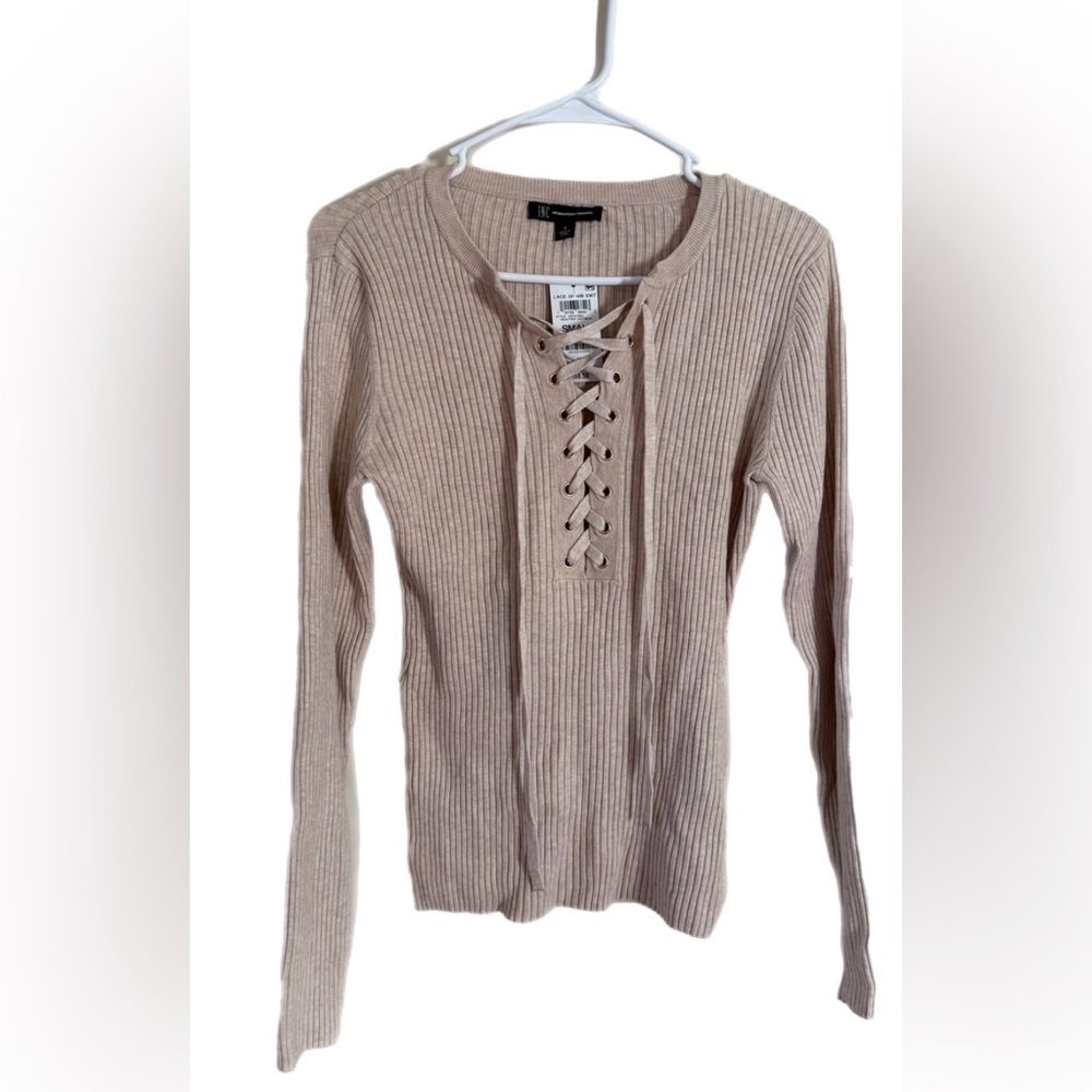 Lace-Up Ribbed Sweater Top INC Women’s Size Small Beige Oatmeal Classic Y2K NWT